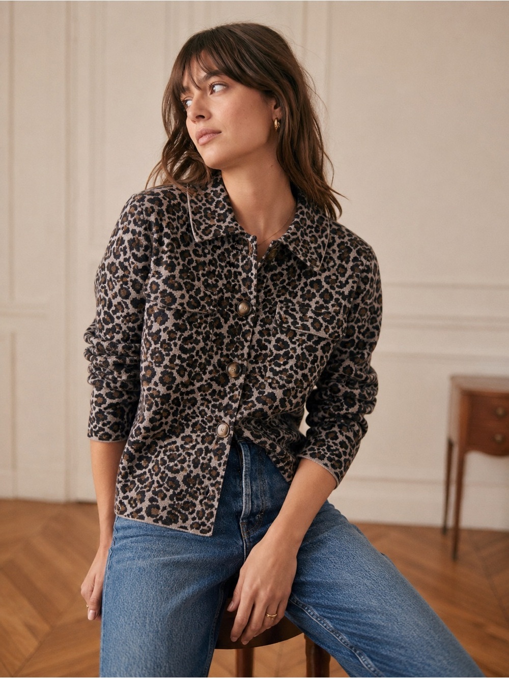 Sezane Betty Cardigan 100% Merino Wool in Leopard-Print Small Preppy Workwear